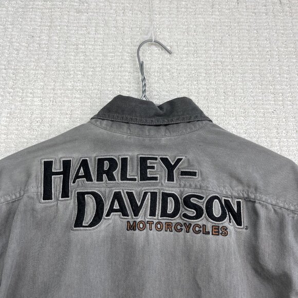 Y2K Harley-Davidson Men’s Gray Denim Button Shirt Embroidered Logo Patches Read - Picture 11 of 15